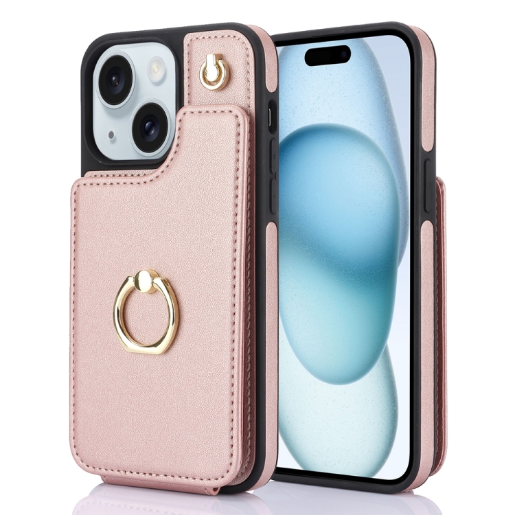 

For iPhone 15 Plus YM005 Skin Feel Card Bag Phone Case with Long Lanyard(Rose Gold)