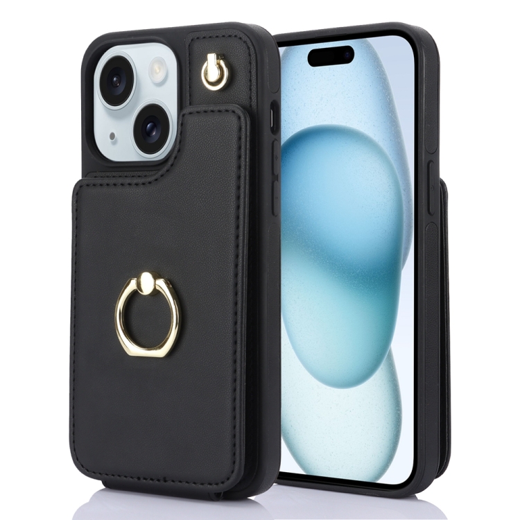 

For iPhone 15 YM005 Skin Feel Card Bag Phone Case with Long Lanyard(Black)