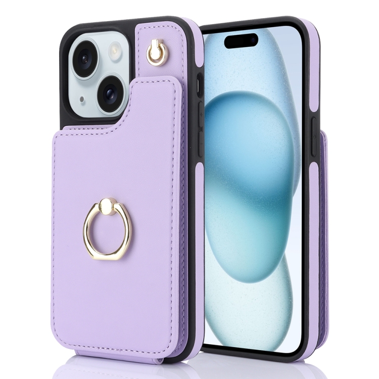 

For iPhone 15 YM005 Skin Feel Card Bag Phone Case with Long Lanyard(Light Purple)