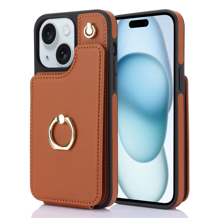 

For iPhone 15 YM005 Skin Feel Card Bag Phone Case with Long Lanyard(Brown)