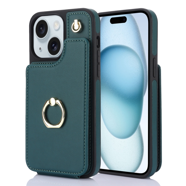 

For iPhone 15 YM005 Skin Feel Card Bag Phone Case with Long Lanyard(Green)