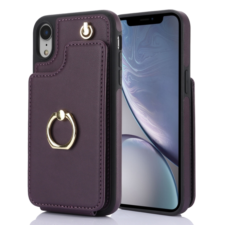 

For iPhone XR YM005 Skin Feel Card Bag Phone Case with Long Lanyard(Dark Purple)