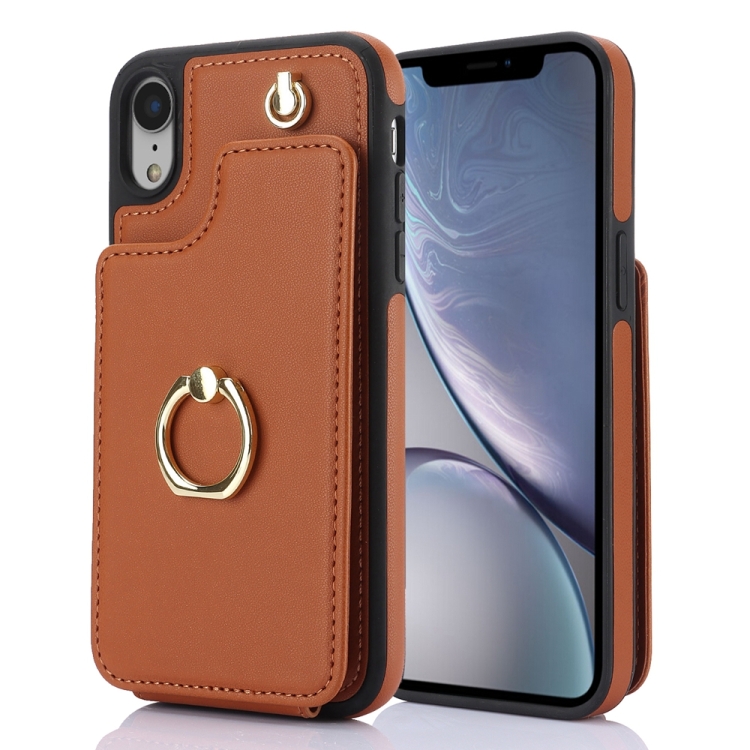 

For iPhone XR YM005 Skin Feel Card Bag Phone Case with Long Lanyard(Brown)