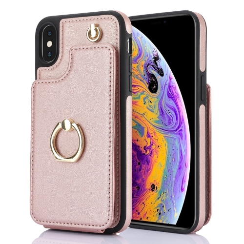 

For iPhone XS Max YM005 Skin Feel Card Bag Phone Case with Long Lanyard(Rose Gold)