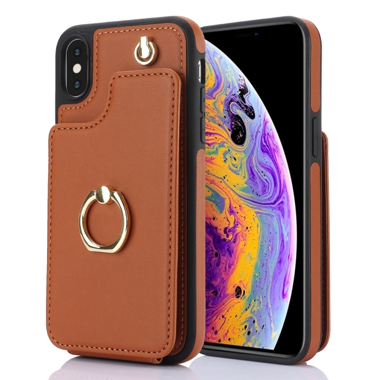 

For iPhone XS Max YM005 Skin Feel Card Bag Phone Case with Long Lanyard(Brown)