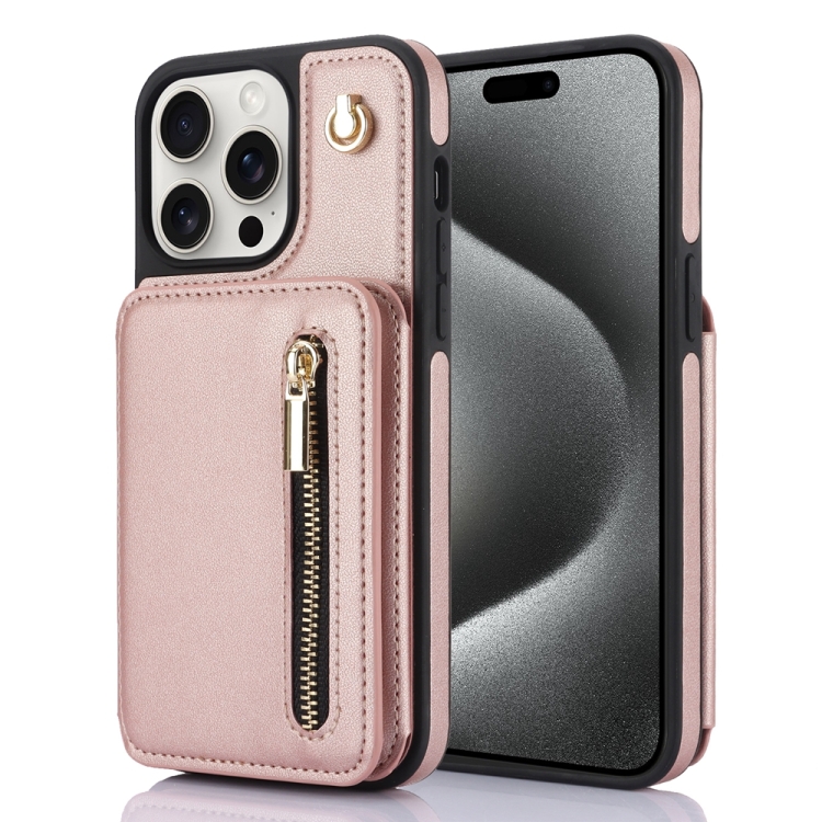 

For iPhone 15 Pro Max YM006 Skin Feel Zipper Card Bag Phone Case with Dual Lanyard(Rose Gold)