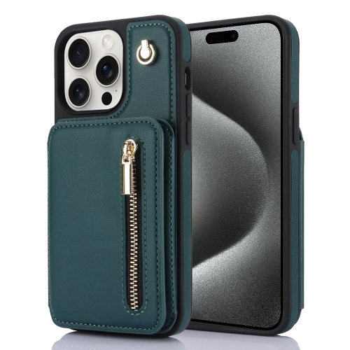 

For iPhone 15 Pro Max YM006 Skin Feel Zipper Card Bag Phone Case with Dual Lanyard(Green)