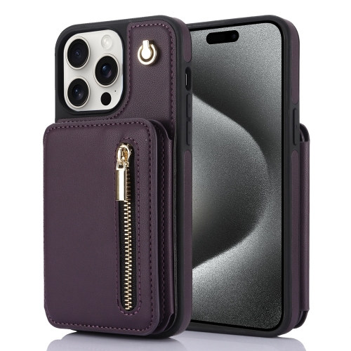 

For iPhone 15 Pro YM006 Skin Feel Zipper Card Bag Phone Case with Dual Lanyard(Dark Purple)