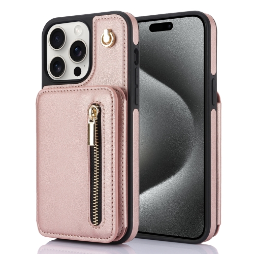 

For iPhone 15 Pro YM006 Skin Feel Zipper Card Bag Phone Case with Dual Lanyard(Rose Gold)