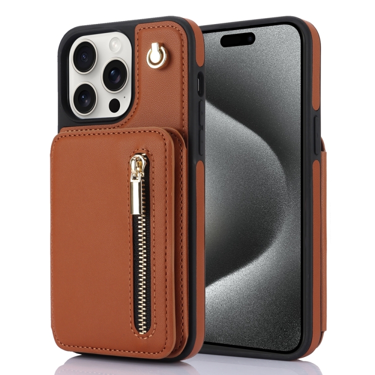 

For iPhone 15 Pro YM006 Skin Feel Zipper Card Bag Phone Case with Dual Lanyard(Brown)