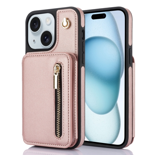 

For iPhone 15 Plus YM006 Skin Feel Zipper Card Bag Phone Case with Dual Lanyard(Rose Gold)