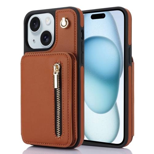 

For iPhone 15 Plus YM006 Skin Feel Zipper Card Bag Phone Case with Dual Lanyard(Brown)