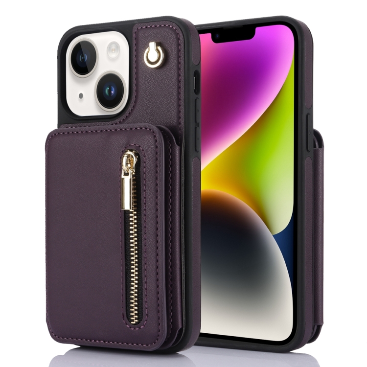 

For iPhone 14 Plus YM006 Skin Feel Zipper Card Bag Phone Case with Dual Lanyard(Dark Purple)