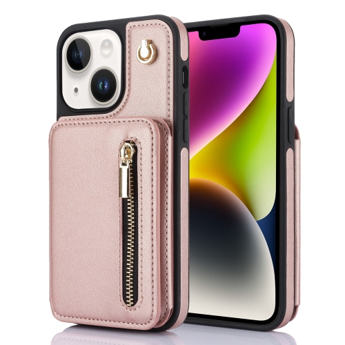 

For iPhone 14 Plus YM006 Skin Feel Zipper Card Bag Phone Case with Dual Lanyard(Rose Gold)