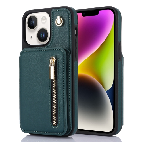 

For iPhone 14 Plus YM006 Skin Feel Zipper Card Bag Phone Case with Dual Lanyard(Green)