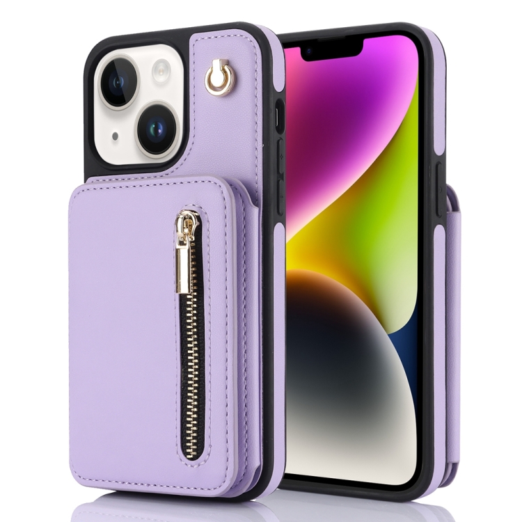 

For iPhone 14 YM006 Skin Feel Zipper Card Bag Phone Case with Dual Lanyard(Light Purple)
