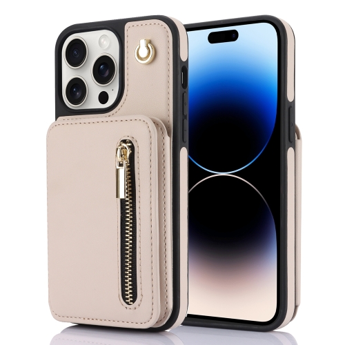 

For iPhone 14 Pro YM006 Skin Feel Zipper Card Bag Phone Case with Dual Lanyard(Apricot)