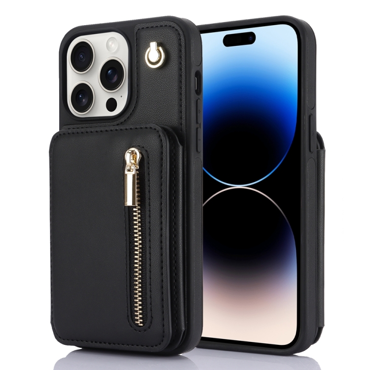 

For iPhone 14 Pro YM006 Skin Feel Zipper Card Bag Phone Case with Dual Lanyard(Black)