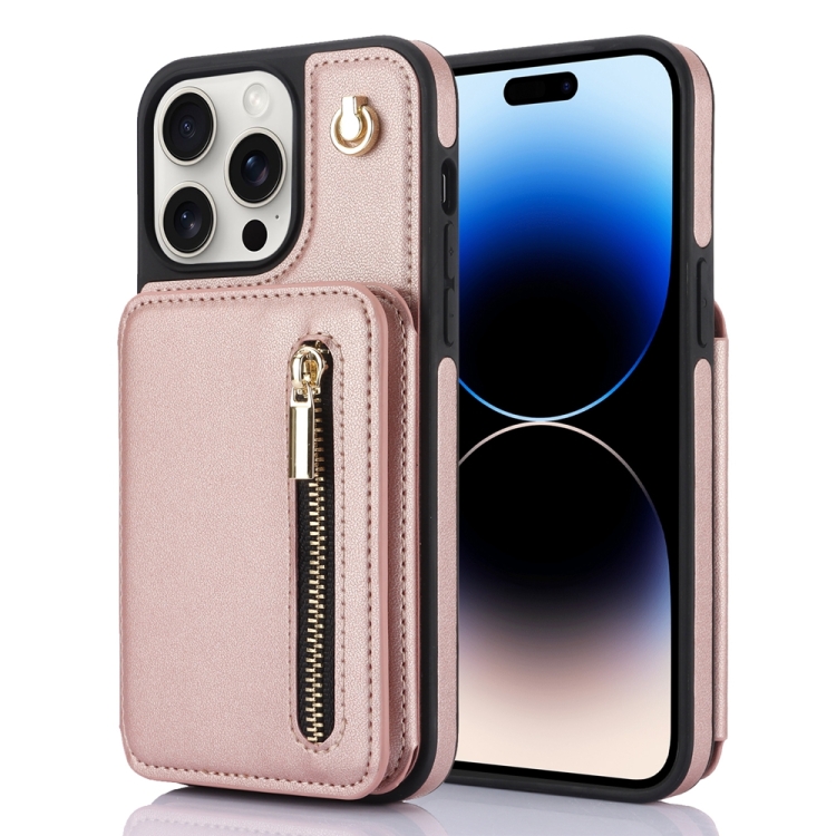 

For iPhone 14 Pro Max YM006 Skin Feel Zipper Card Bag Phone Case with Dual Lanyard(Rose Gold)