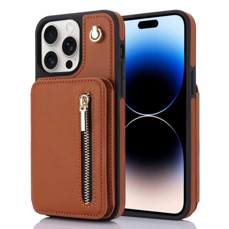 

For iPhone 14 Pro Max YM006 Skin Feel Zipper Card Bag Phone Case with Dual Lanyard(Brown)