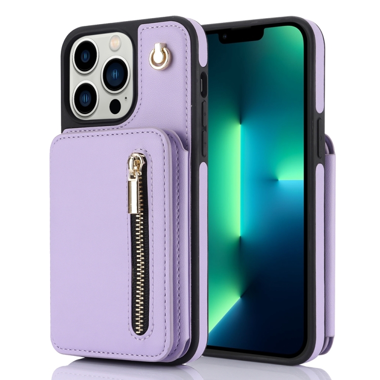

For iPhone 13 Pro Max YM006 Skin Feel Zipper Card Bag Phone Case with Dual Lanyard(Light Purple)