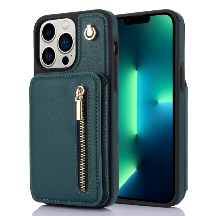 

For iPhone 13 Pro Max YM006 Skin Feel Zipper Card Bag Phone Case with Dual Lanyard(Green)