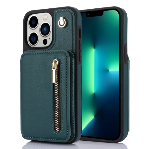 

For iPhone 13 Pro YM006 Skin Feel Zipper Card Bag Phone Case with Dual Lanyard(Green)