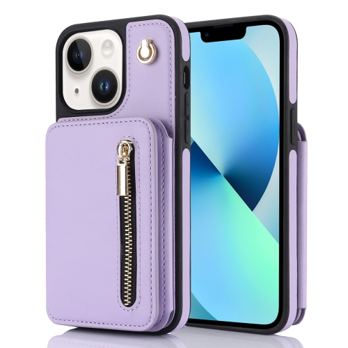 

For iPhone 13 YM006 Skin Feel Zipper Card Bag Phone Case with Dual Lanyard(Light Purple)