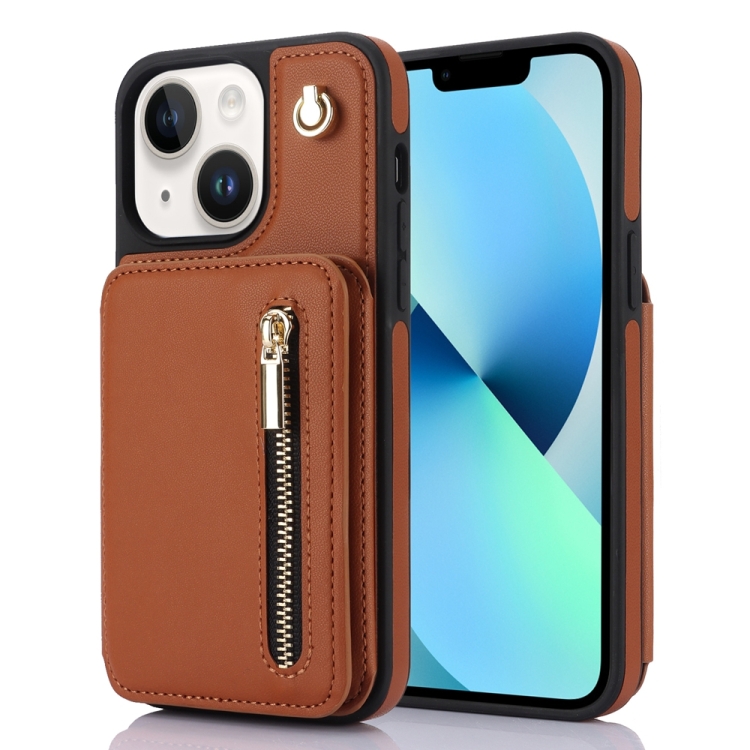 

For iPhone 13 YM006 Skin Feel Zipper Card Bag Phone Case with Dual Lanyard(Brown)