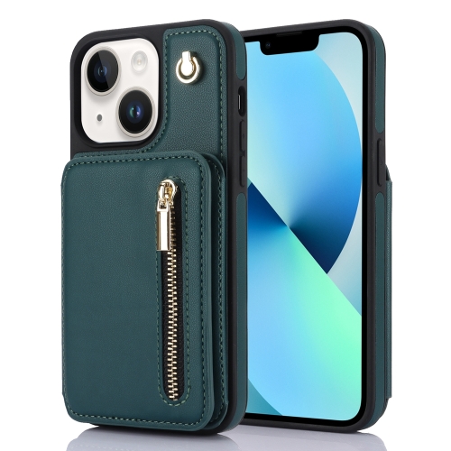 

For iPhone 13 YM006 Skin Feel Zipper Card Bag Phone Case with Dual Lanyard(Green)