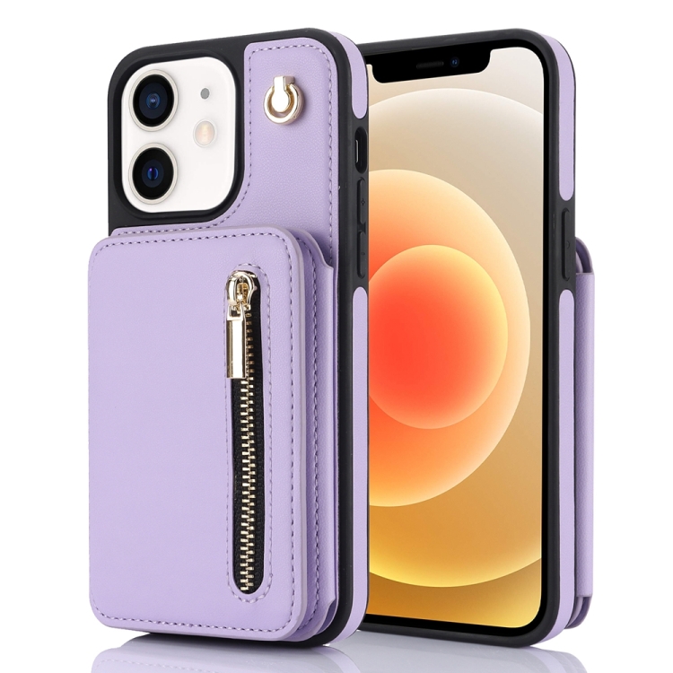 

For iPhone 12 / 12 Pro YM006 Skin Feel Zipper Card Bag Phone Case with Dual Lanyard(Light Purple)