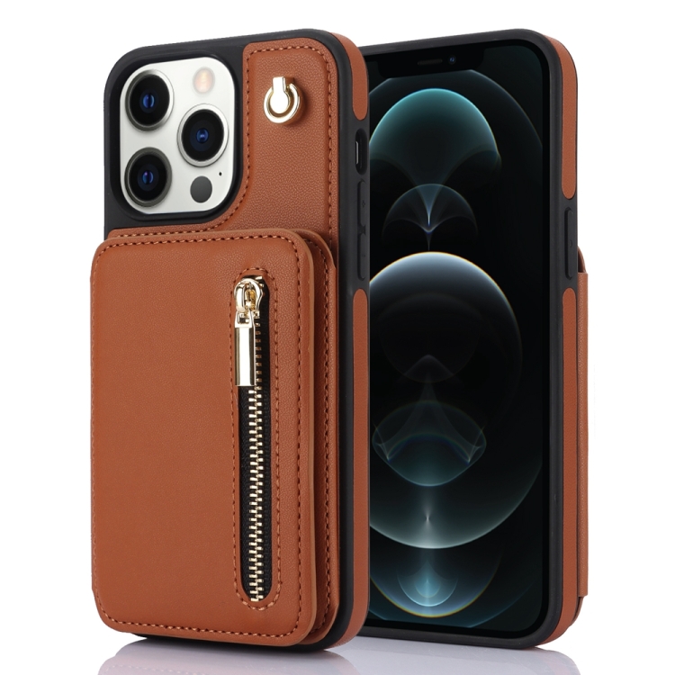 

For iPhone 12 Pro Max YM006 Skin Feel Zipper Card Bag Phone Case with Dual Lanyard(Brown)