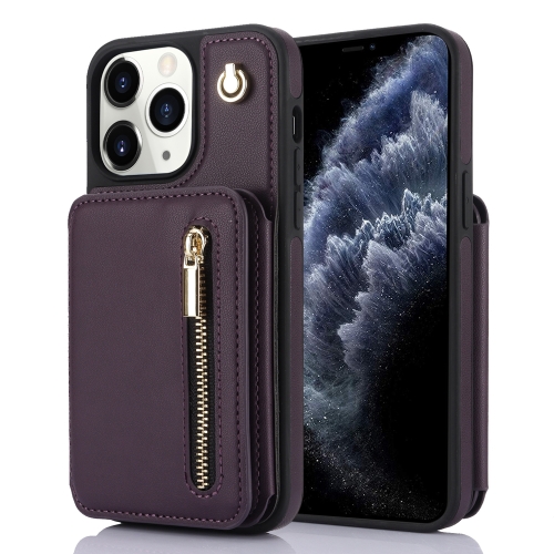 

For iPhone 11 Pro Max YM006 Skin Feel Zipper Card Bag Phone Case with Dual Lanyard(Dark Purple)