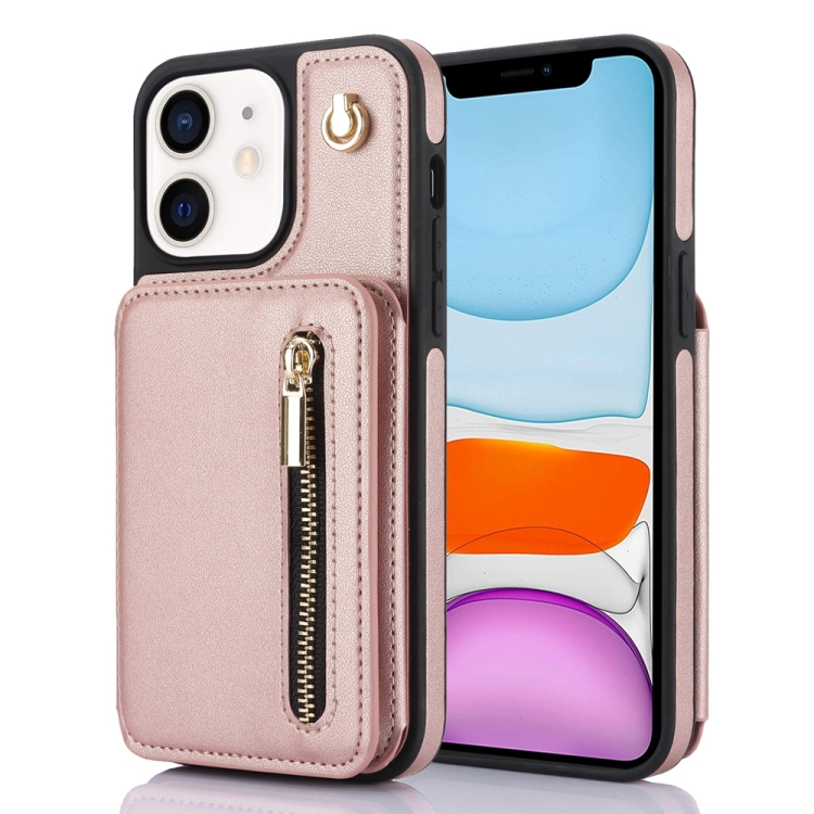 

For iPhone 11 YM006 Skin Feel Zipper Card Bag Phone Case with Dual Lanyard(Rose Gold)