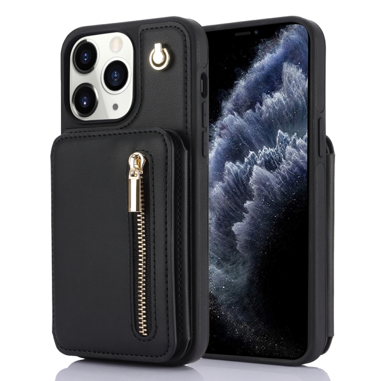 

For iPhone 11 Pro YM006 Skin Feel Zipper Card Bag Phone Case with Dual Lanyard(Black)