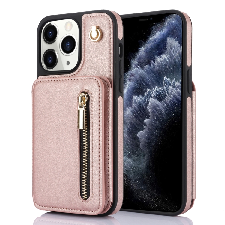 

For iPhone 11 Pro YM006 Skin Feel Zipper Card Bag Phone Case with Dual Lanyard(Rose Gold)