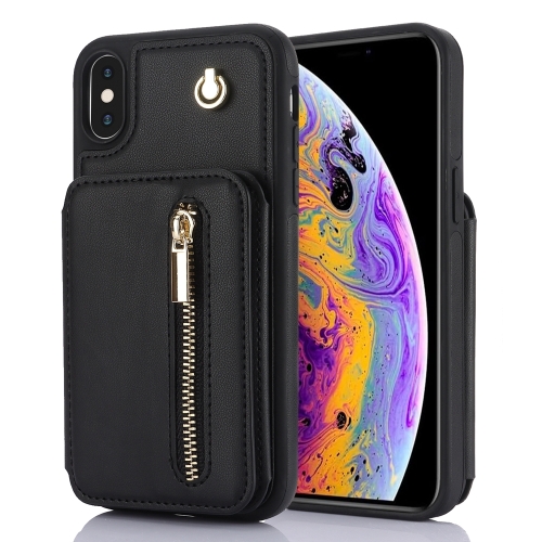 

For iPhone X / XS YM006 Skin Feel Zipper Card Bag Phone Case with Dual Lanyard(Black)