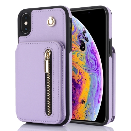 

For iPhone XS Max YM006 Skin Feel Zipper Card Bag Phone Case with Dual Lanyard(Light Purple)