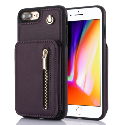 

For iPhone 7 Plus / 8 Plus YM006 Skin Feel Zipper Card Bag Phone Case with Dual Lanyard(Dark Purple)