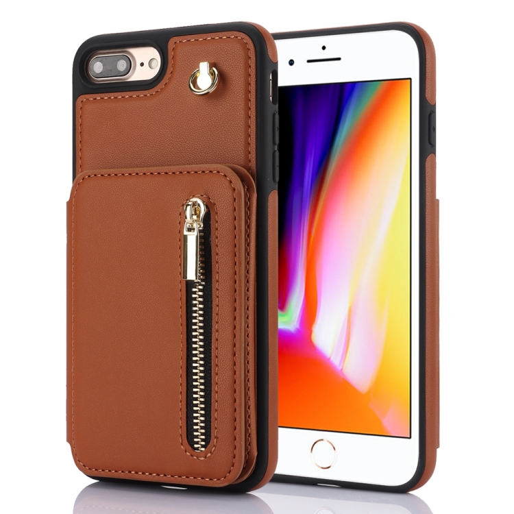 

For iPhone 7 Plus / 8 Plus YM006 Skin Feel Zipper Card Bag Phone Case with Dual Lanyard(Brown)