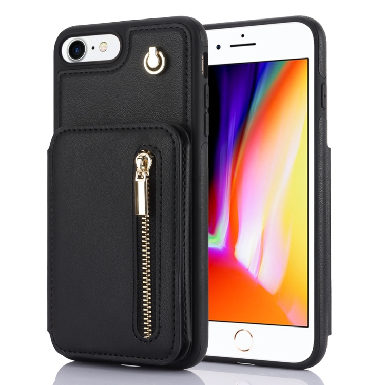 

For iPhone SE 2020 / 2020 / 8 / 7 YM006 Skin Feel Zipper Card Bag Phone Case with Dual Lanyard(Black)