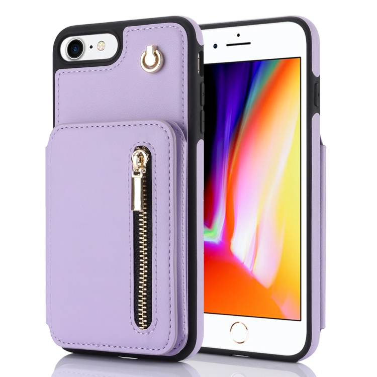 

For iPhone SE 2020 / 2020 / 8 / 7 YM006 Skin Feel Zipper Card Bag Phone Case with Dual Lanyard(Light Purple)