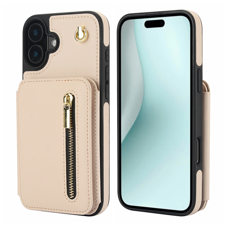 

For iPhone 16 YM006 Skin Feel Zipper Card Bag Phone Case with Dual Lanyard(Apricot)