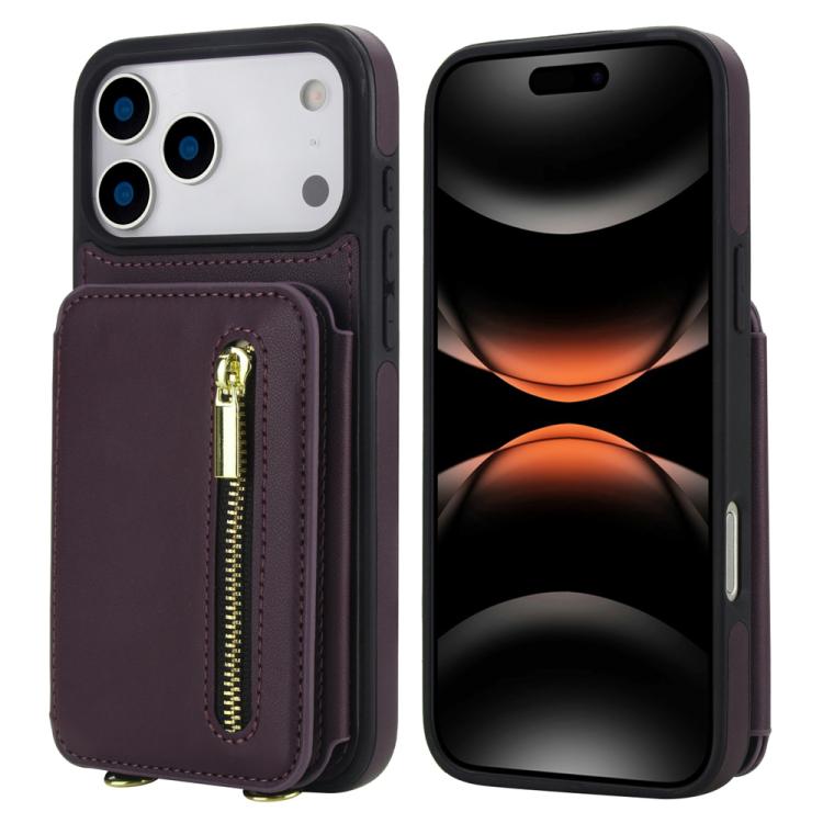 

For iPhone 17 Pro Max YM006 Skin Feel Zipper Card Bag Phone Case with Dual Lanyard(Dark Purple)