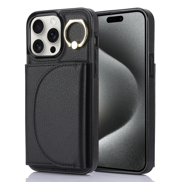 

For iPhone 15 Pro Max Ring Holder Card Bag Skin Feel Phone Case(Black)