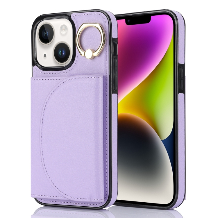 

For iPhone 14 Plus Ring Holder Card Bag Skin Feel Phone Case(Purple)