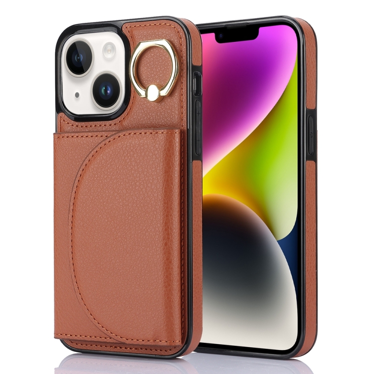 

For iPhone 14 Ring Holder Card Bag Skin Feel Phone Case(Brown)