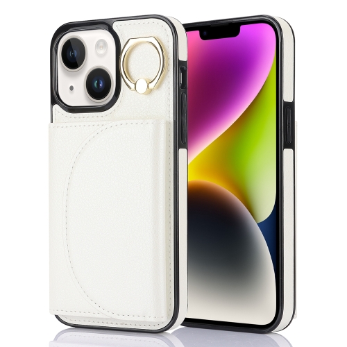 Para iPhone 14 YM006 Estuche para teléfono con soporte para anillo y tarjeta con sensación de piel (blanco)