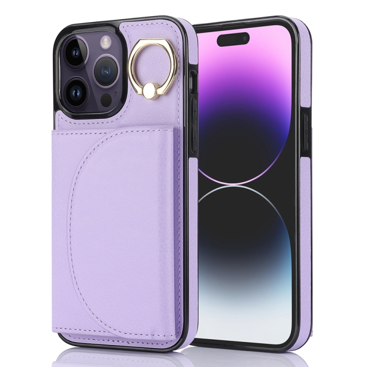 

For iPhone 14 Pro Ring Holder Card Bag Skin Feel Phone Case(Purple)