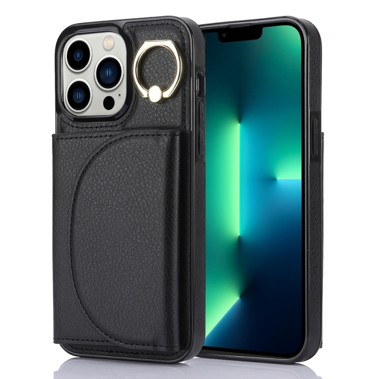 

For iPhone 13 Pro Ring Holder Card Bag Skin Feel Phone Case(Black)